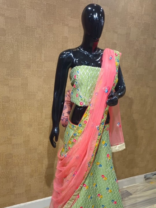 Green & Pink Floral Embroidered Lehenga