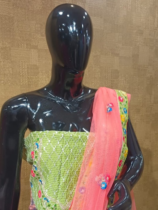 Green & Pink Floral Embroidered Lehenga