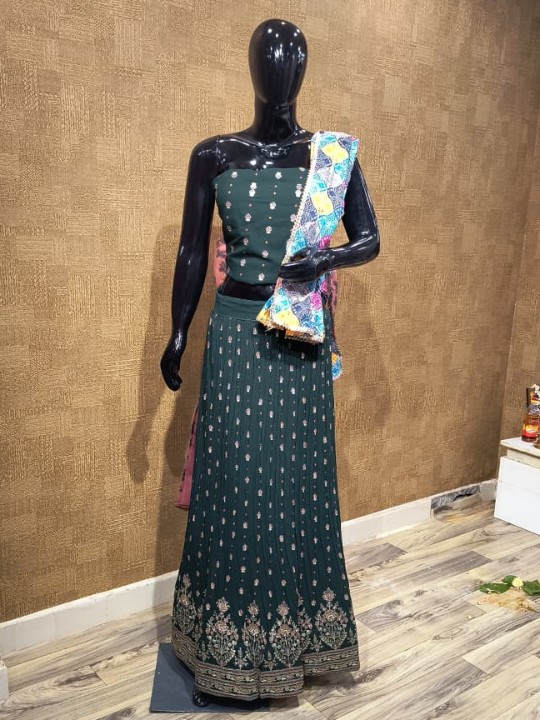 Green Lehenga with Multicolor Dupatta