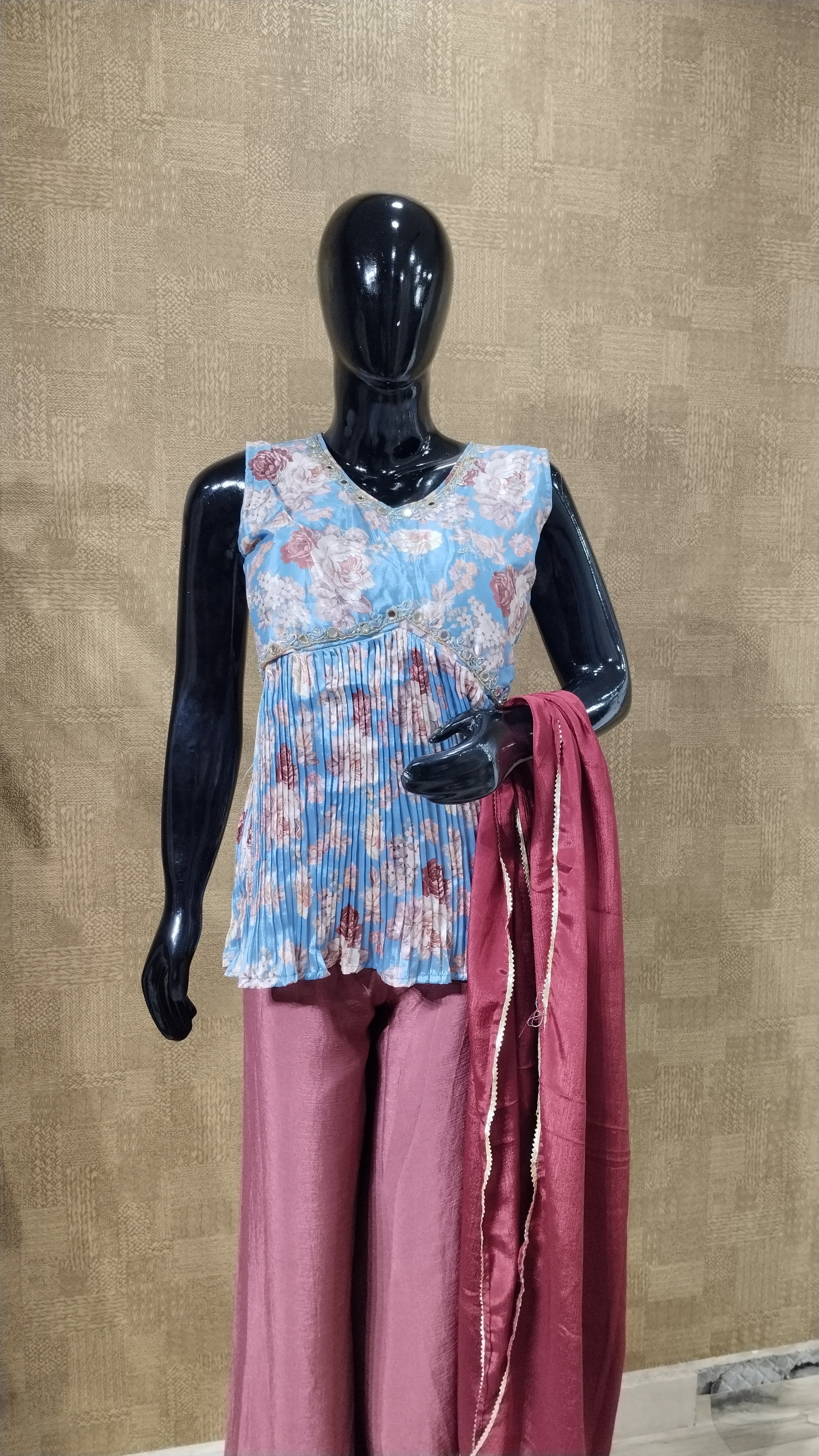 Sky Blue Floral Peplum and Mauve Palazzo Set