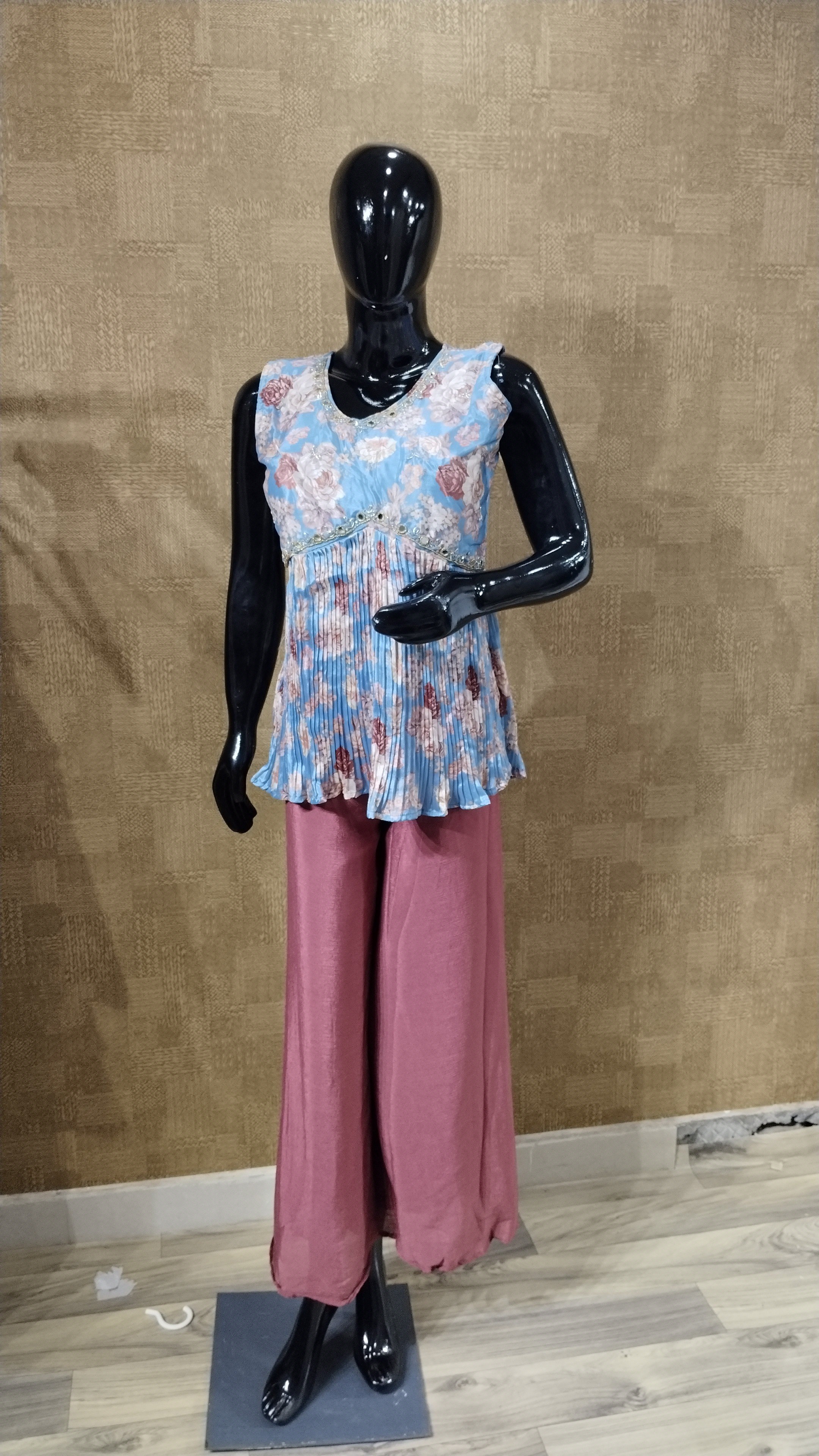 Sky Blue Floral Peplum and Mauve Palazzo Set