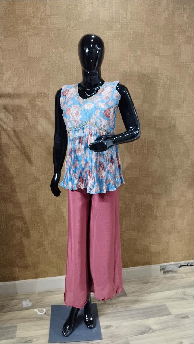 Sky Blue Floral Peplum and Mauve Palazzo Set