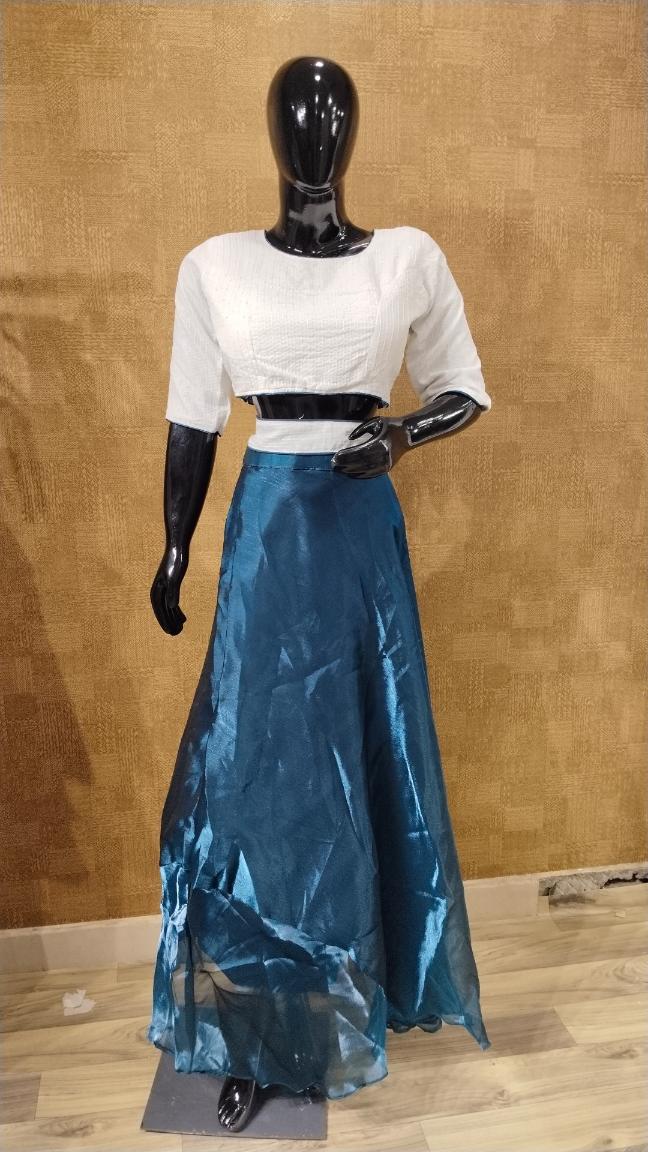 Off-White and Teal Two-Piece Ethnic Set