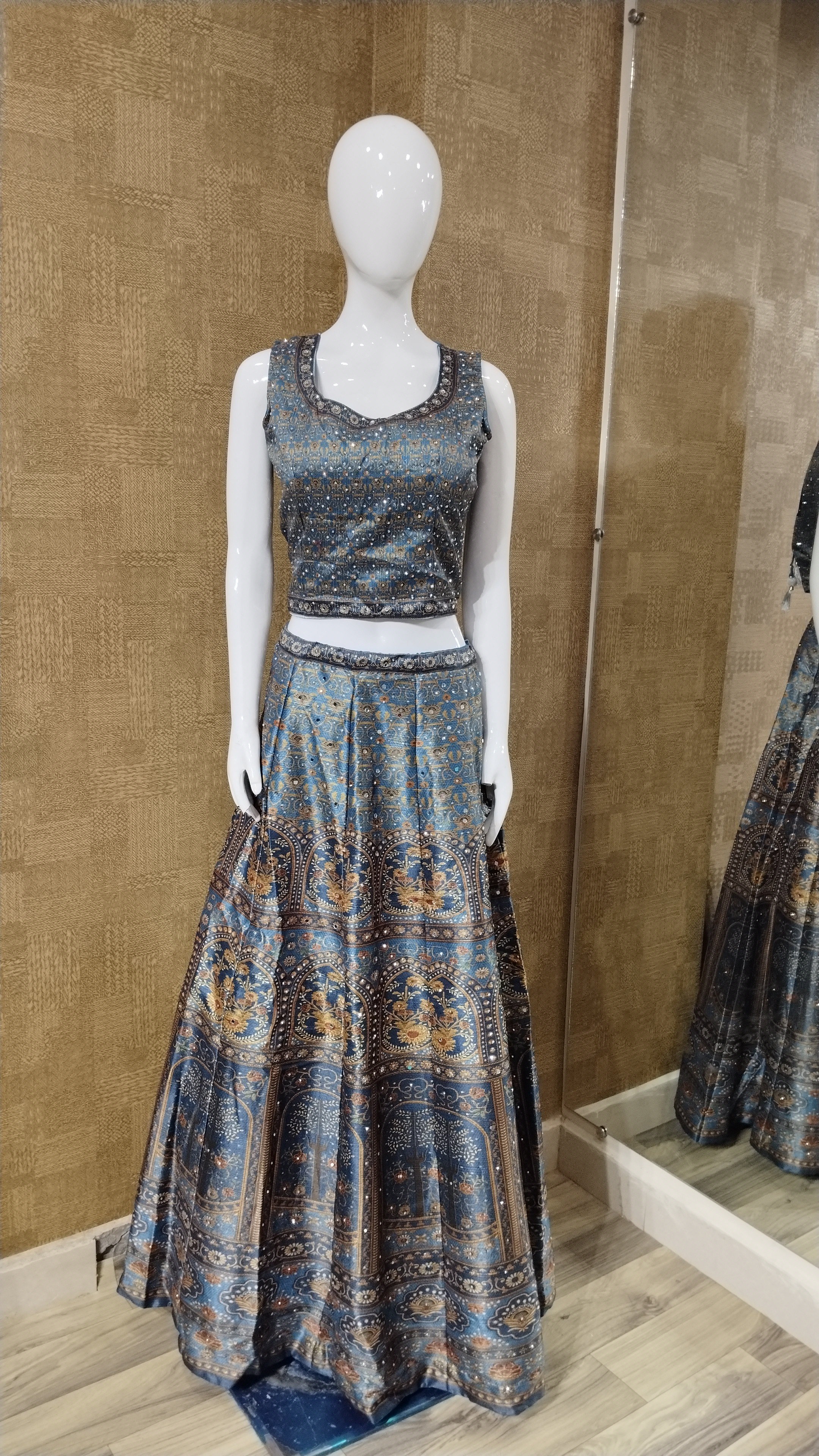 Steel Blue Lehenga with Modern Motifs