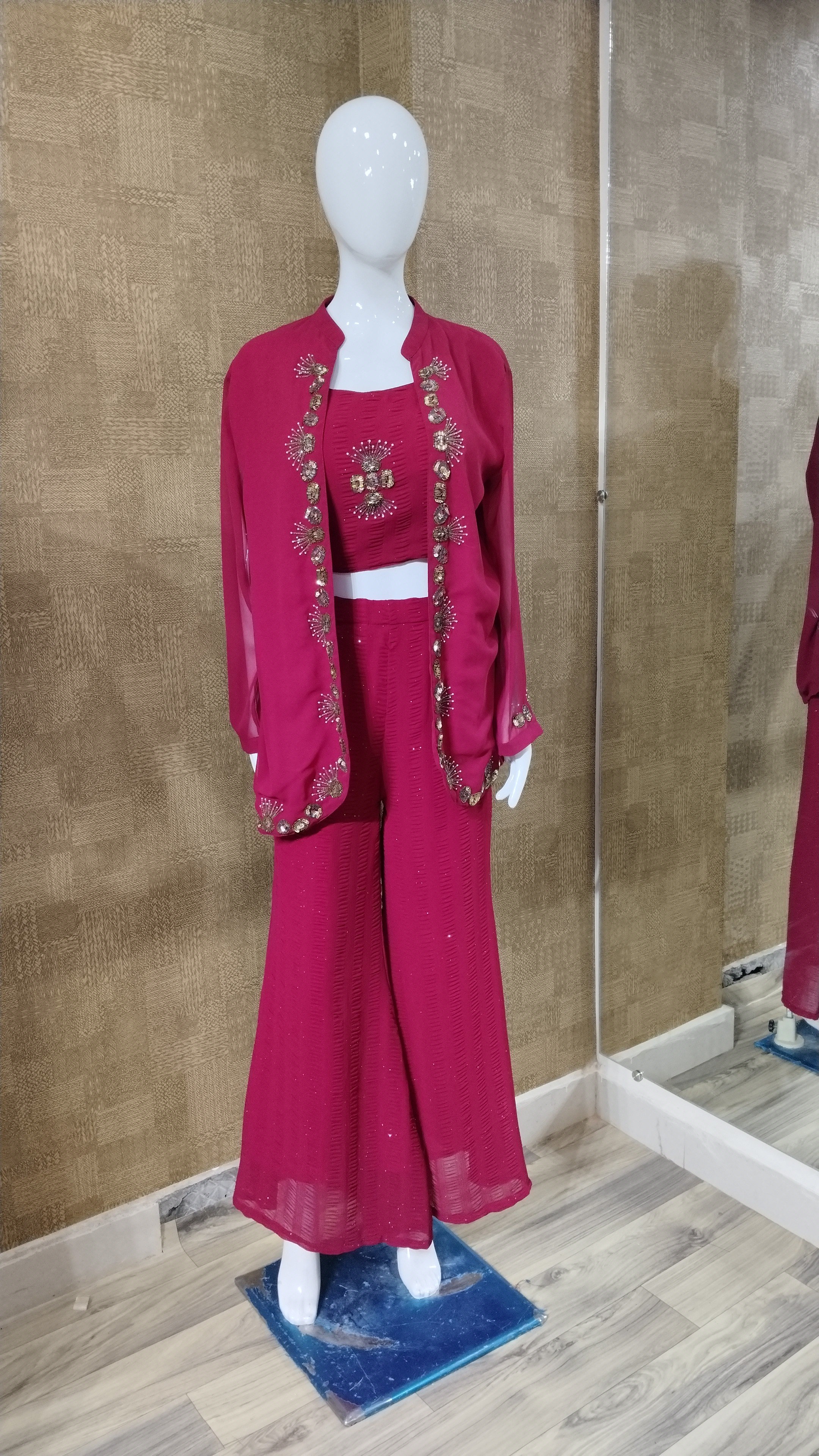 Magenta Three-Piece Shrug Set Ethnic Wear