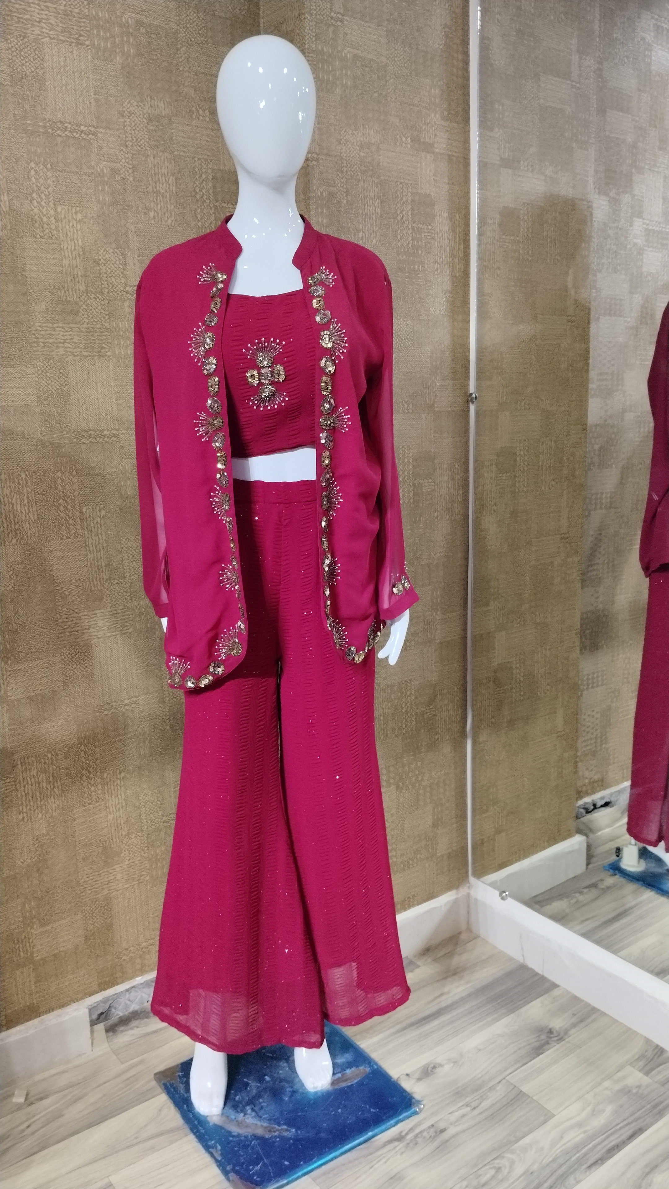Magenta Three-Piece Shrug Set Ethnic Wear