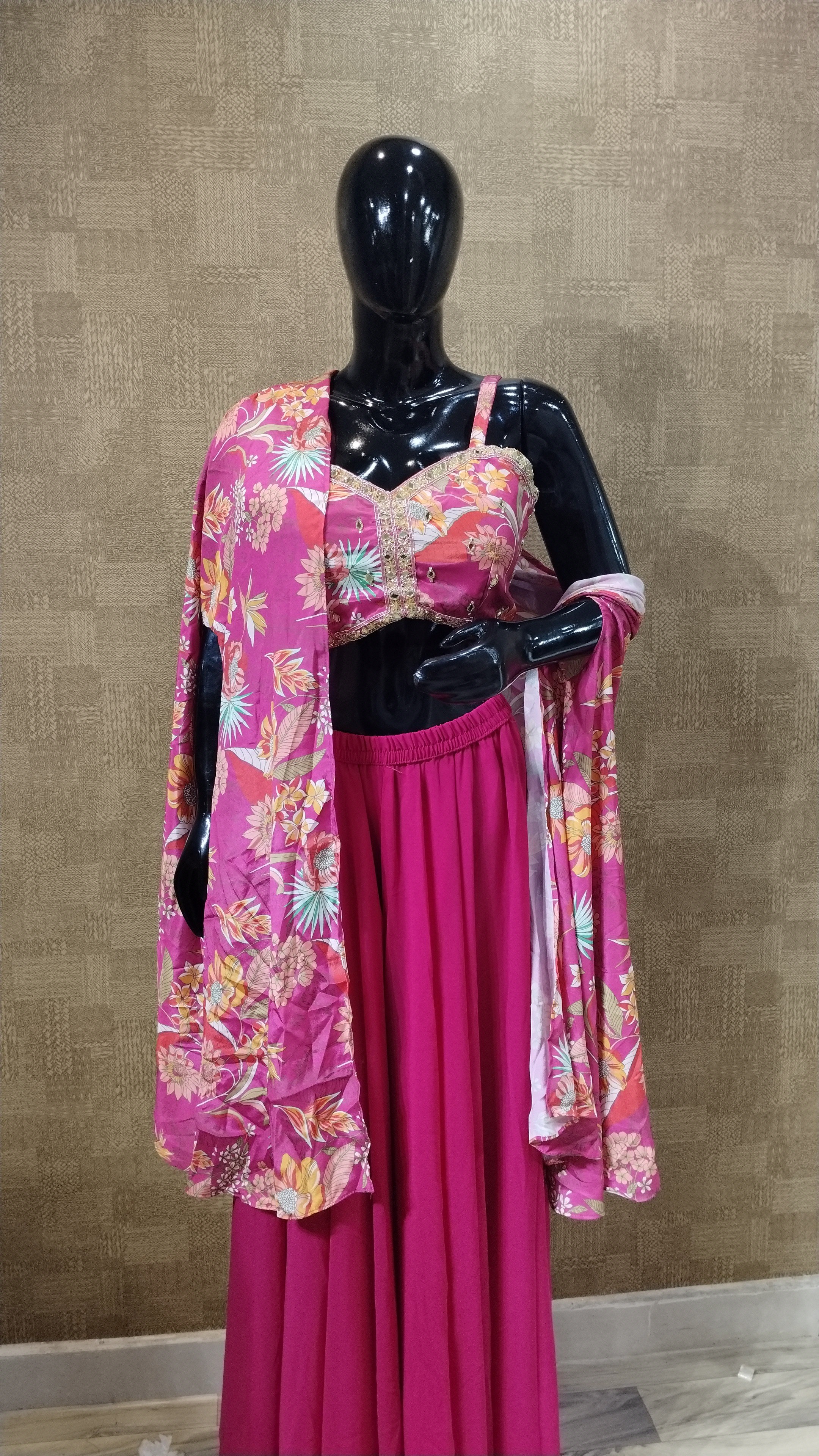 Fuchsia Floral Three-Piece Ethnic Set
