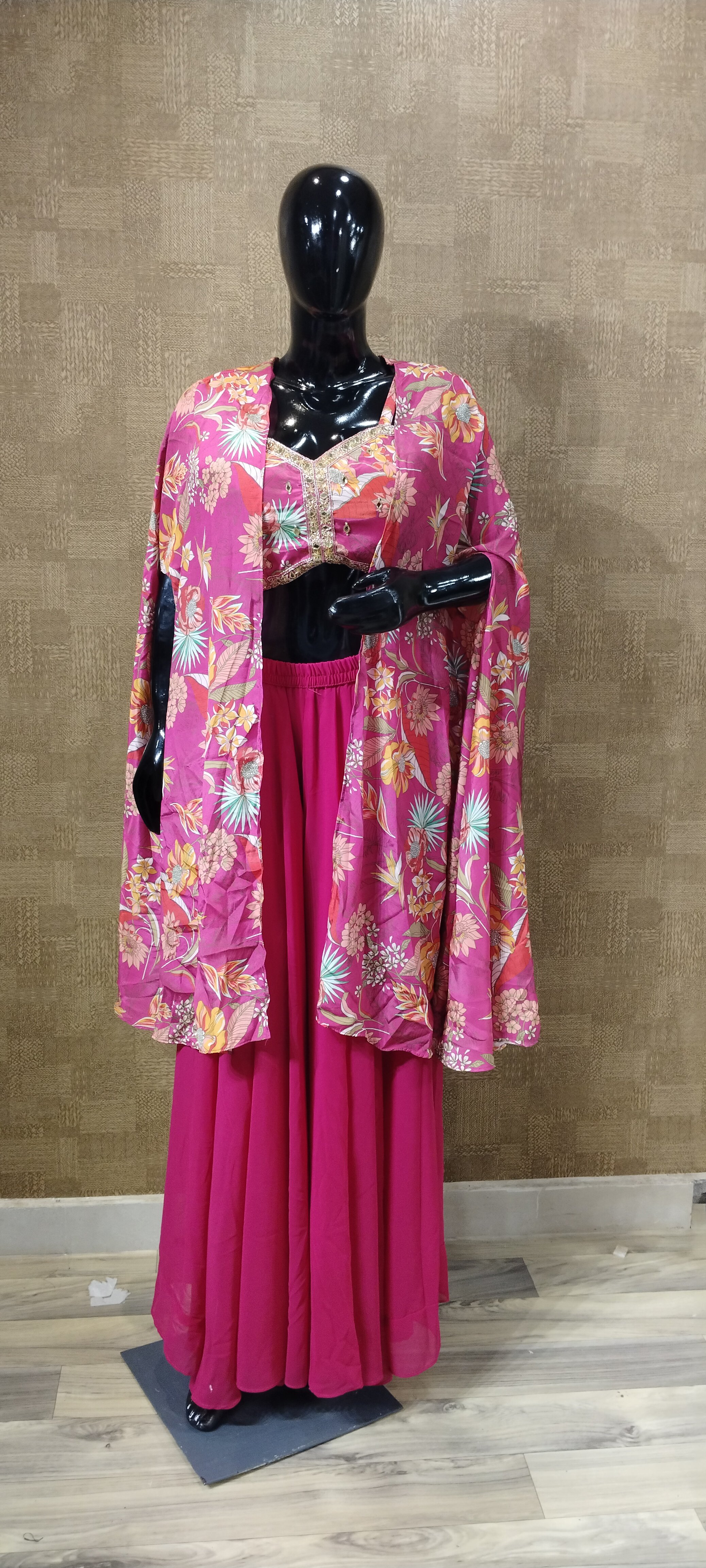 Fuchsia Floral Three-Piece Ethnic Set
