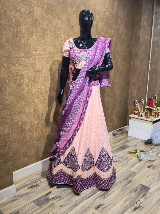 Dark Magenta & Light Salmon Lehenga with Silver Zari Handwork