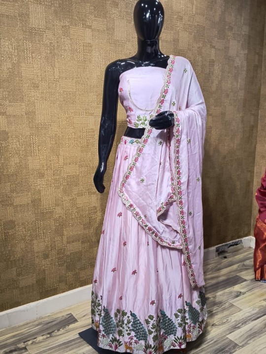 Pink Shiny Pattu Lehenga with Green Floral Embroidery