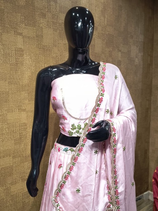 Pink Shiny Pattu Lehenga with Green Floral Embroidery