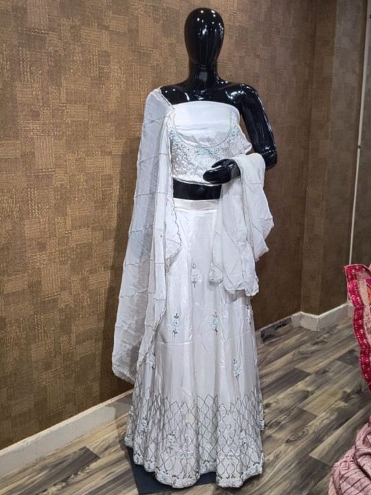 Embroidered White Net Lehenga