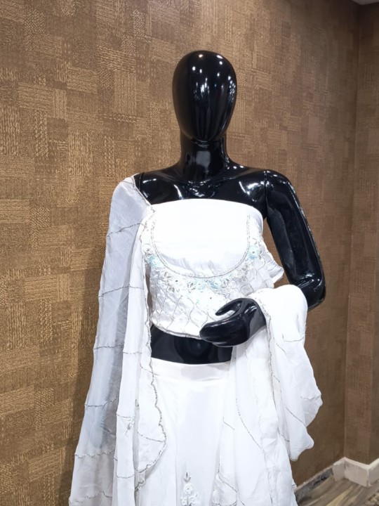 Embroidered White Net Lehenga