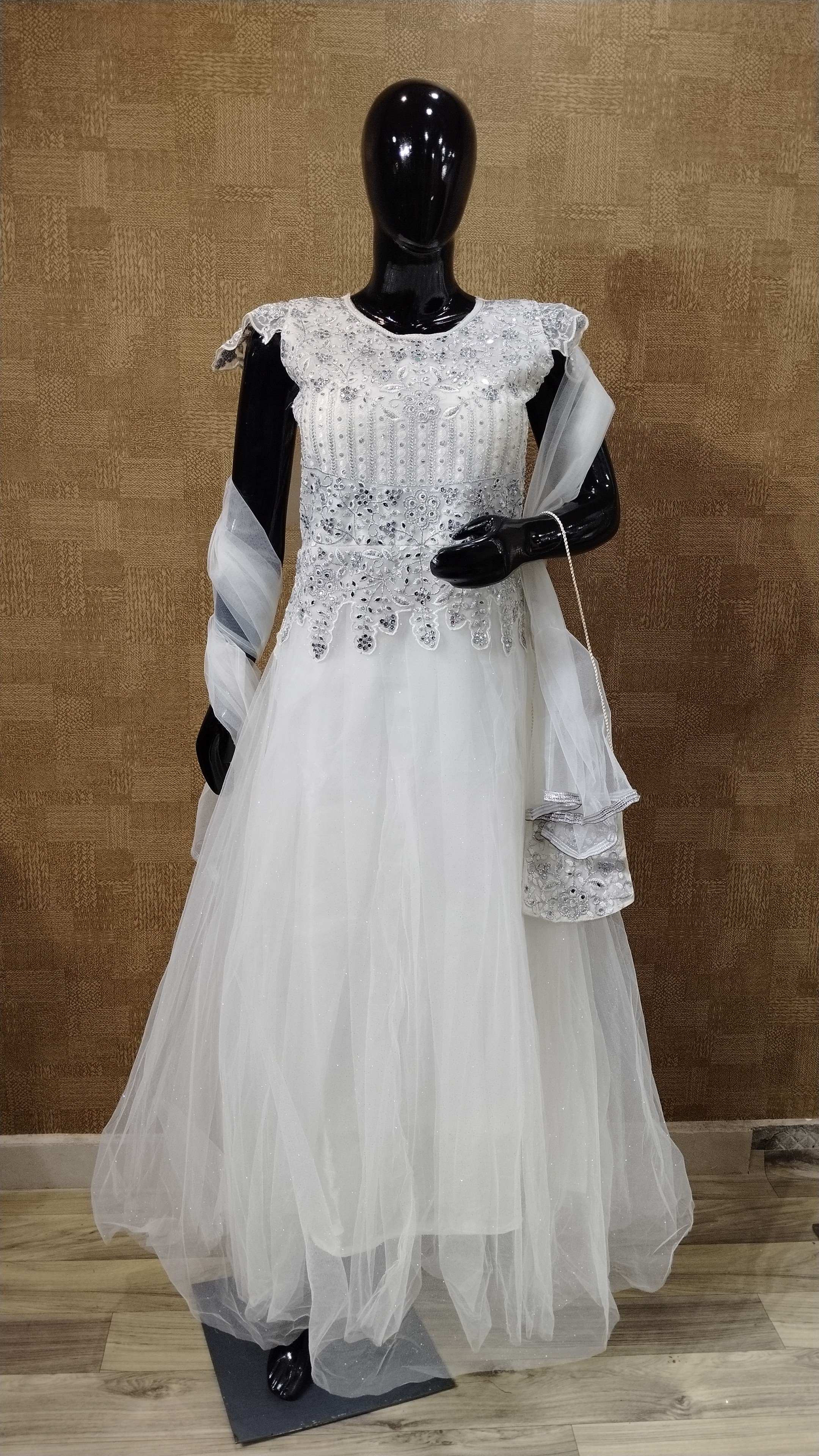White Mirror Work Gown