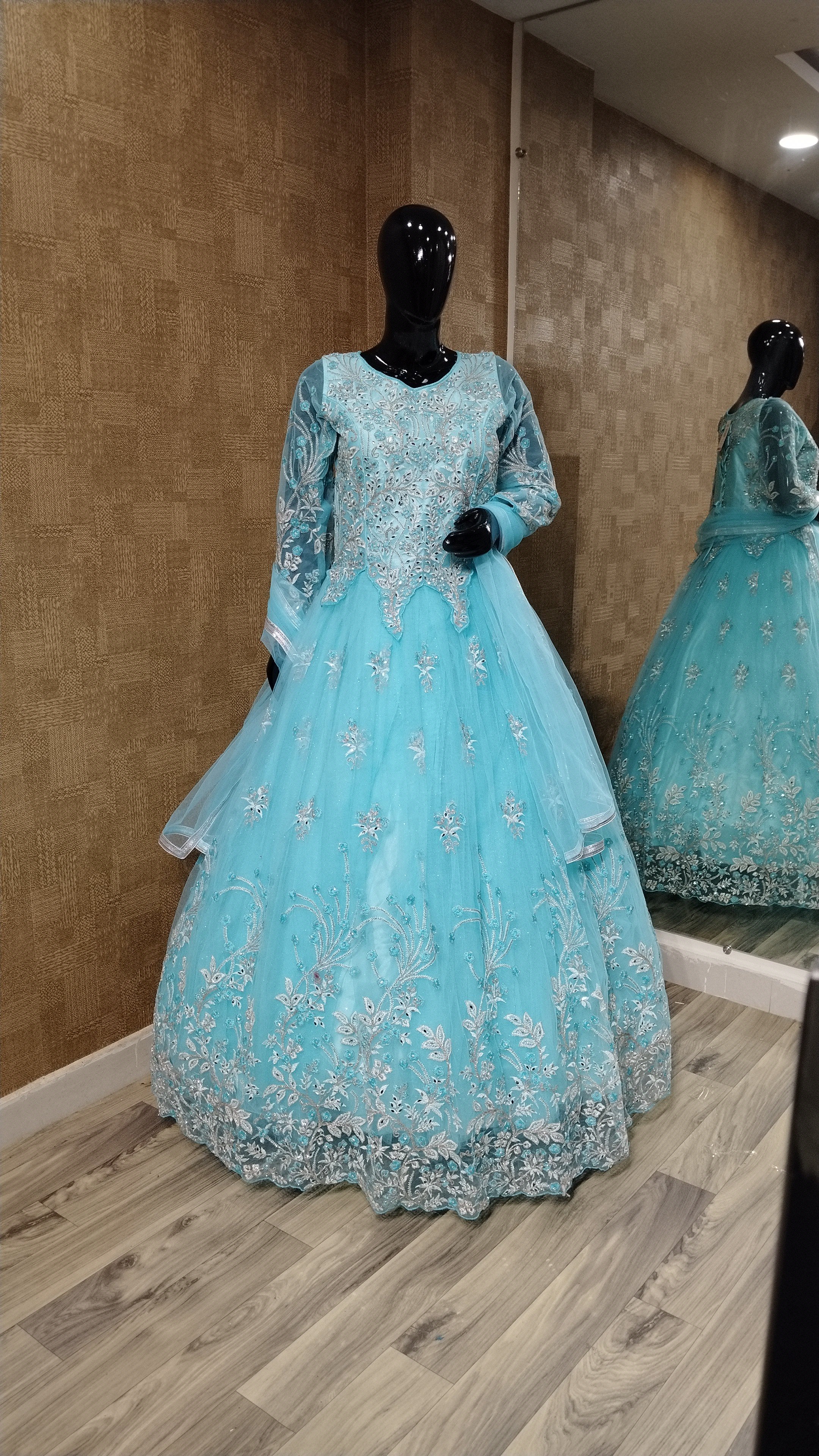 Aqua Floral Net Gown with Stone & Mirror Work