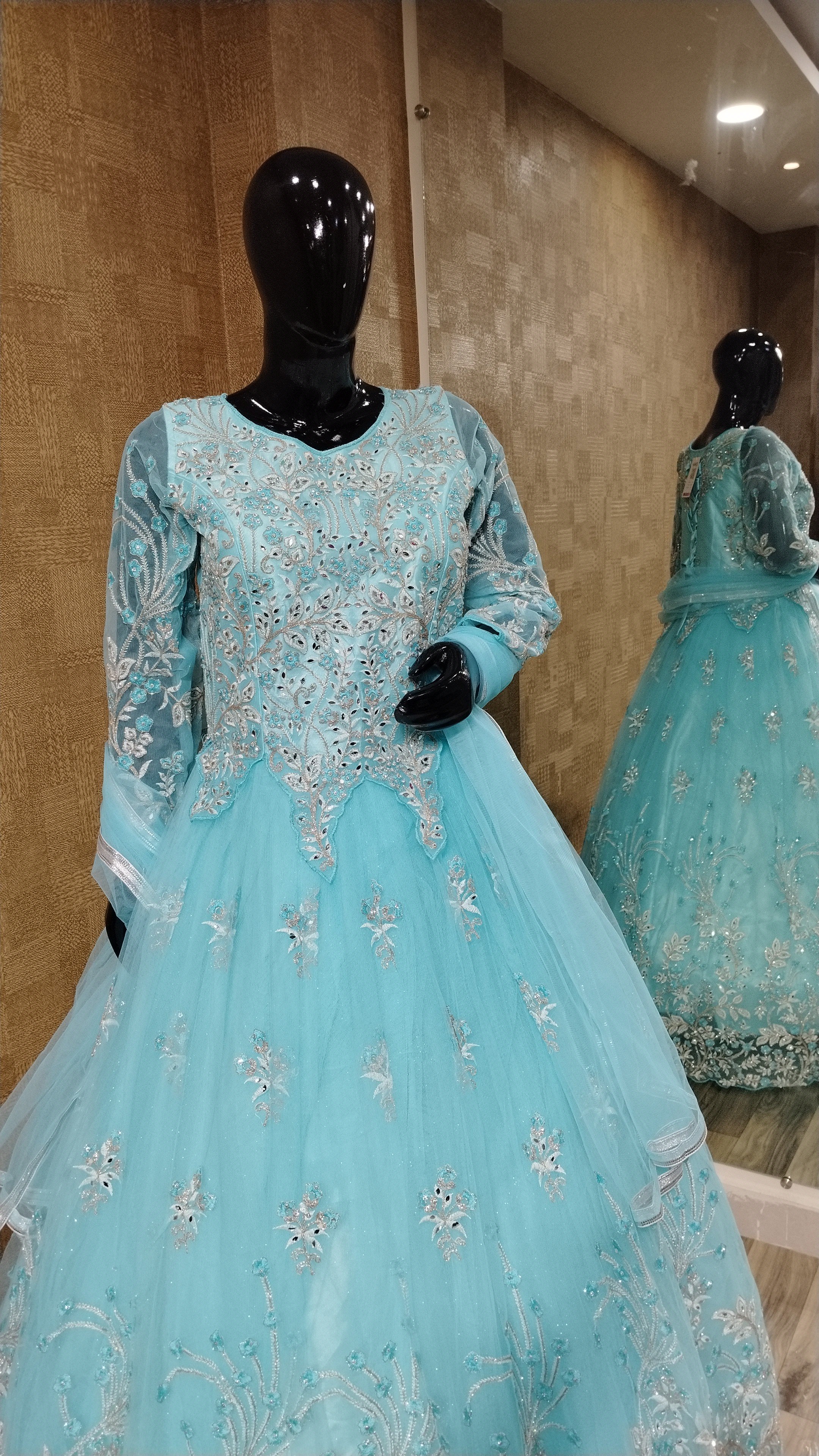 Aqua Floral Net Gown with Stone & Mirror Work