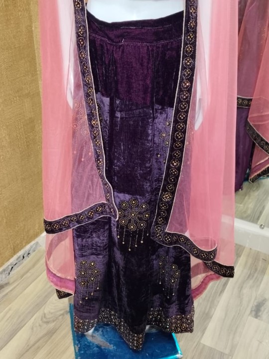 Dark Purple Lehenga with Stone Work & Pink Dupatta