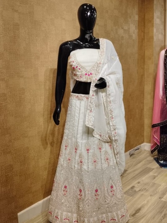 Ivory Stone Work Lehenga with Floral Lining