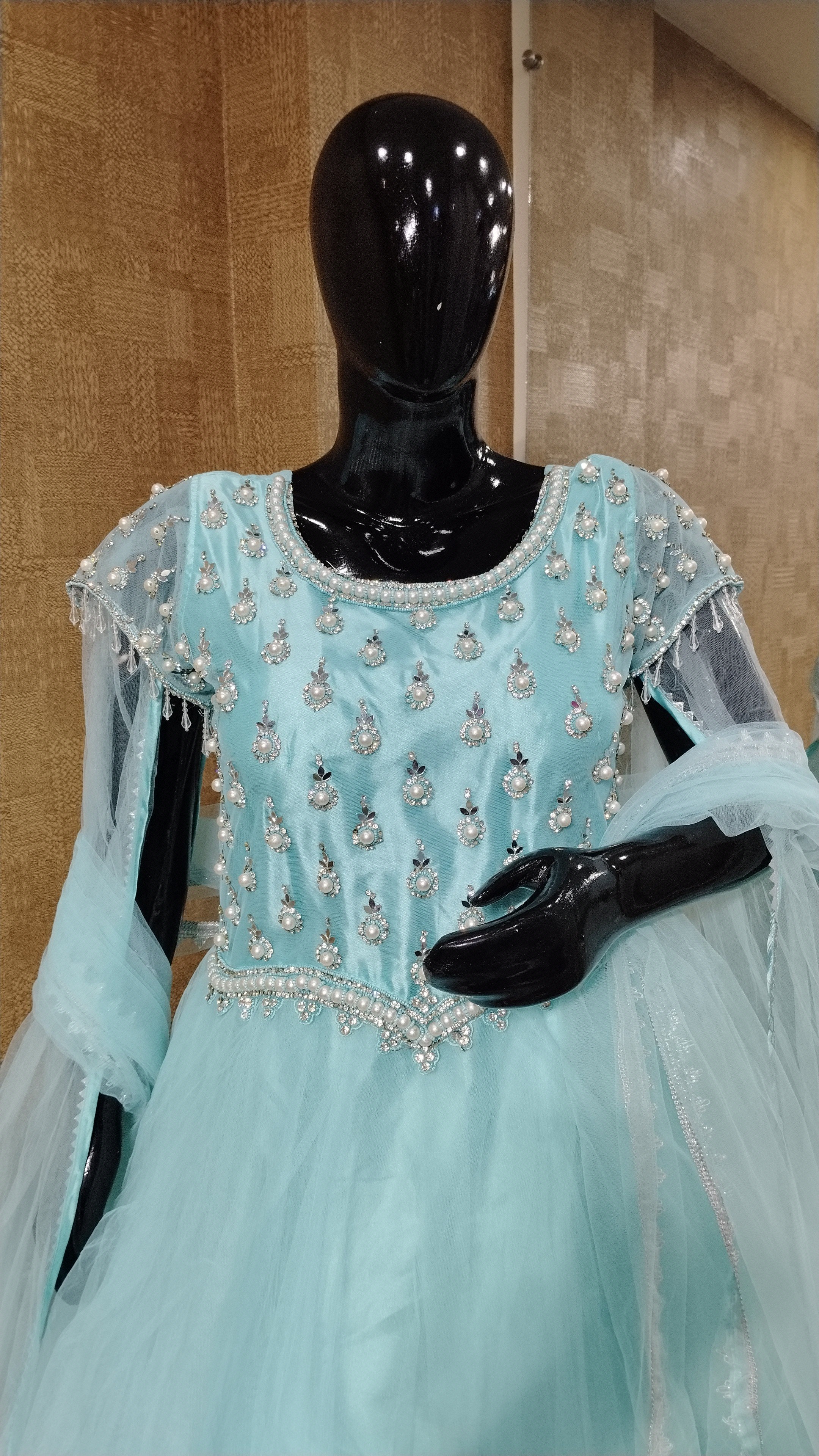 Light Cyan Blue Mirror Work Gown