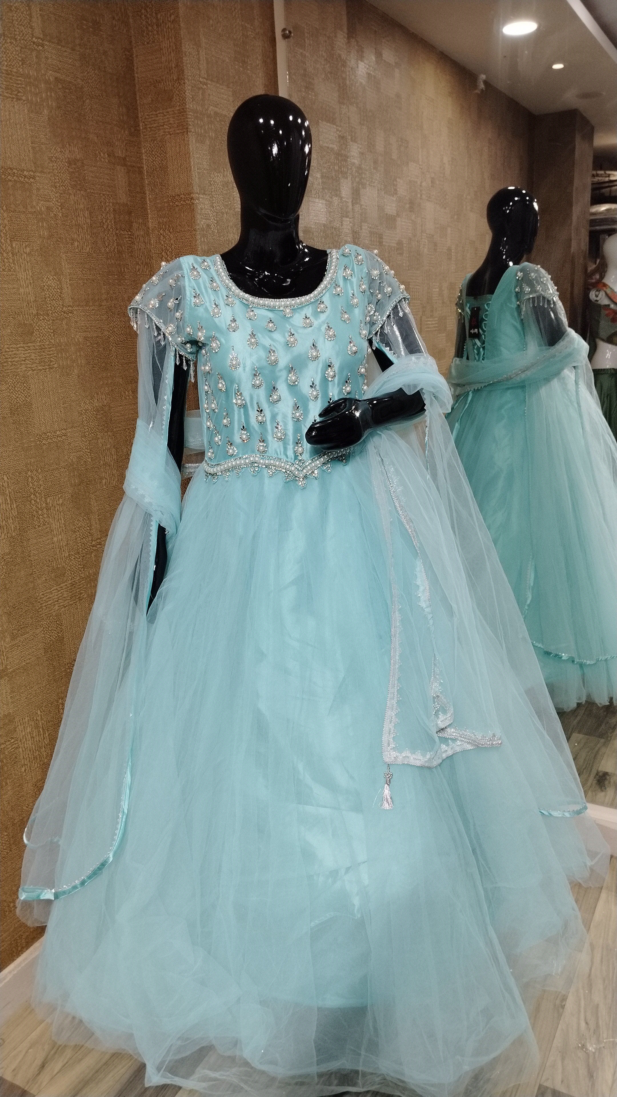 Light Cyan Blue Mirror Work Gown