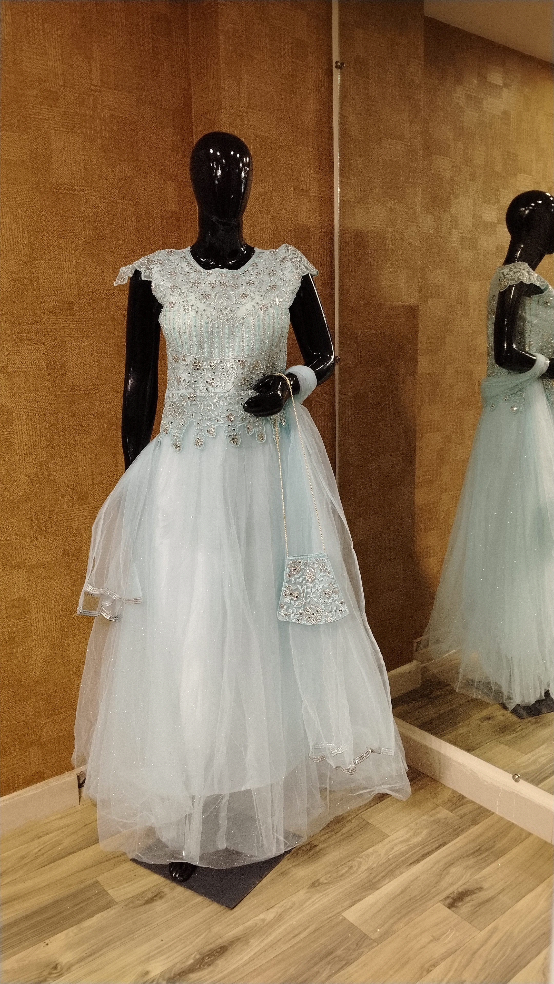 Light Sky Blue Mirror Work Gown