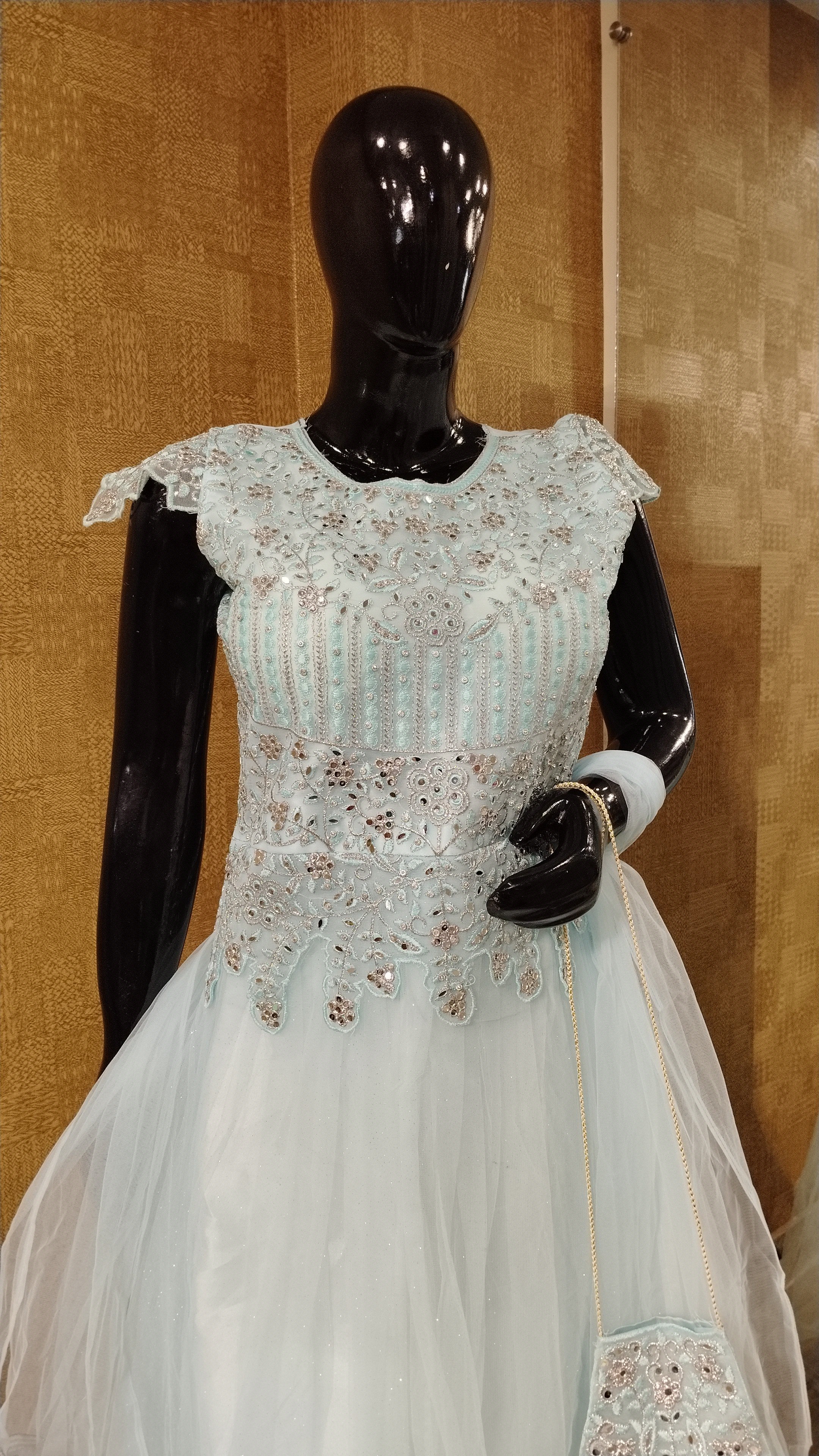 Light Sky Blue Mirror Work Gown