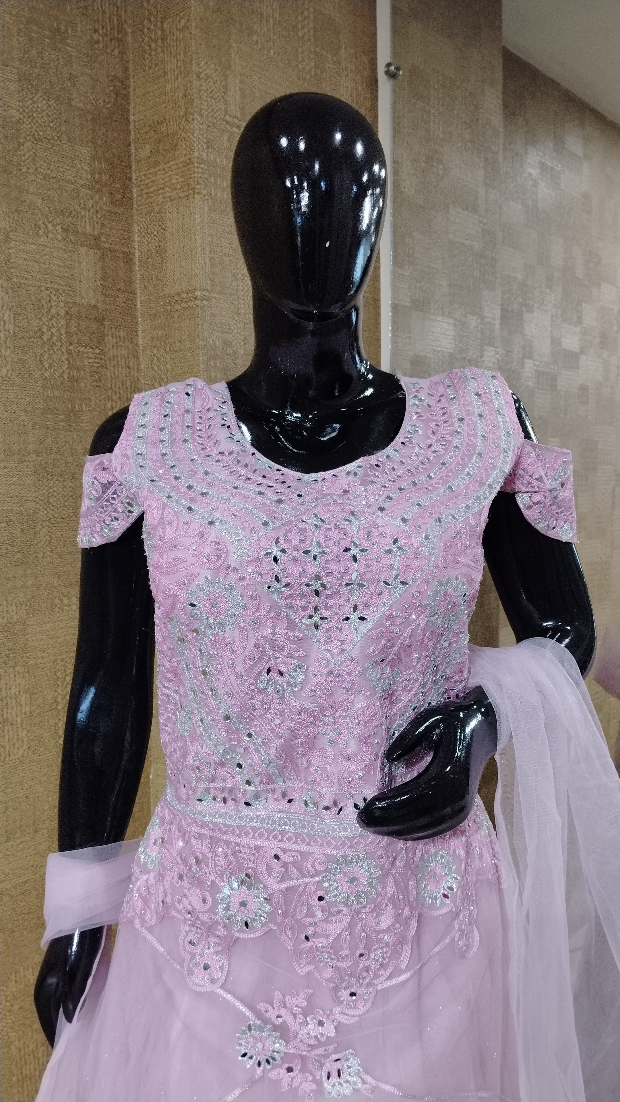 Pink Embroidered Mirror Work Gown