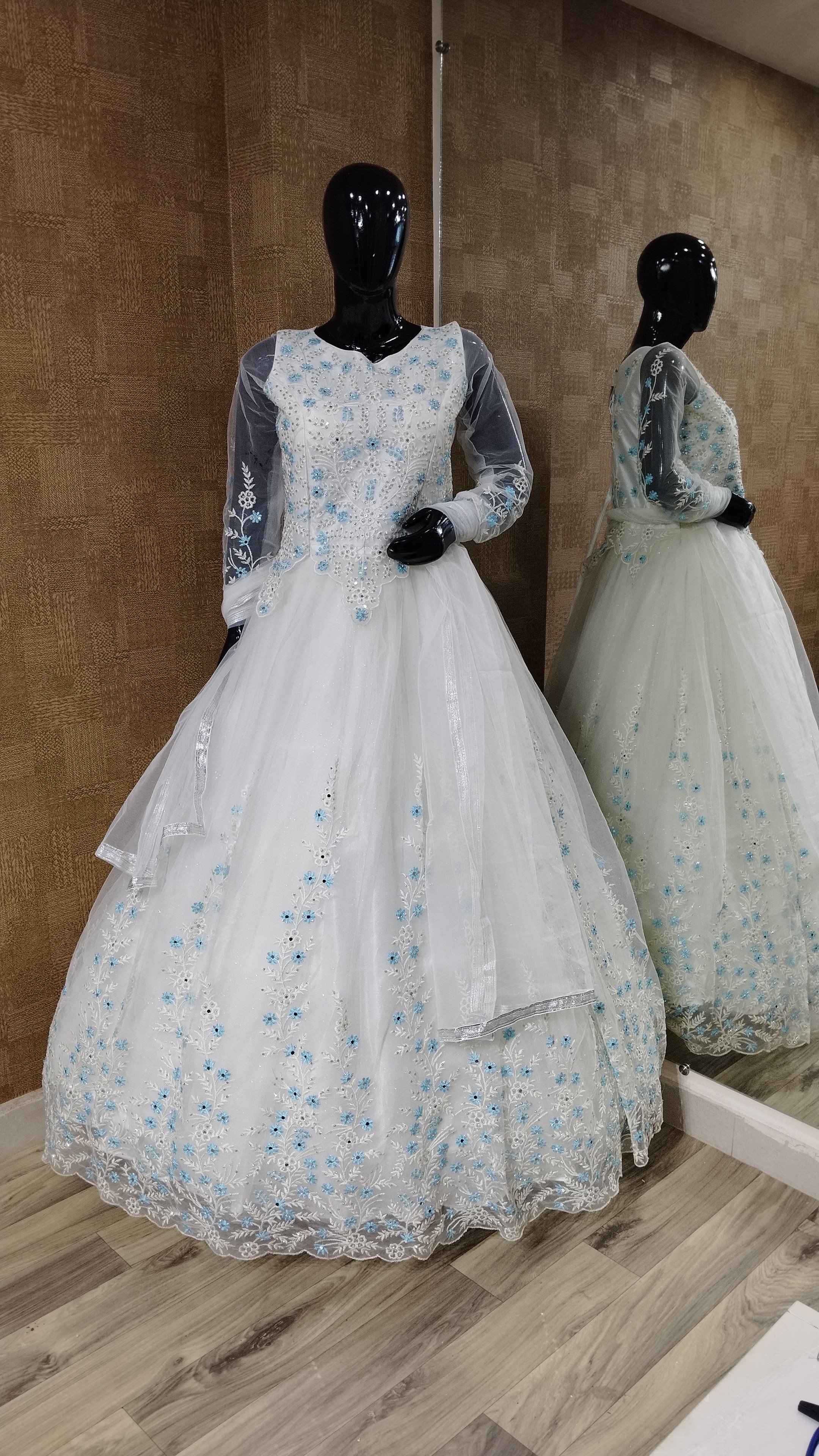 Cream White Embroidered Gown with Sky Blue Detailing