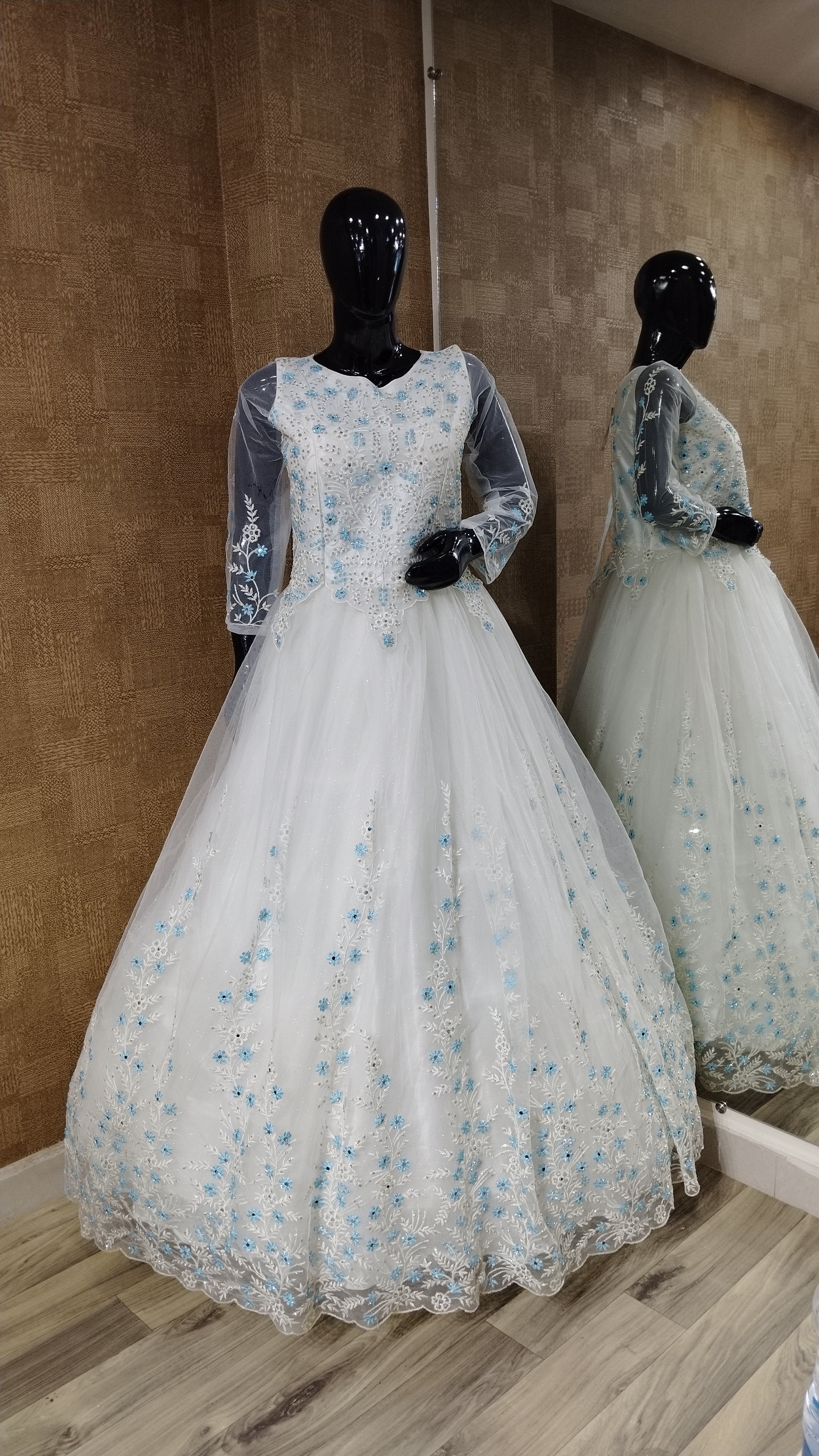 Cream White Embroidered Gown with Sky Blue Detailing