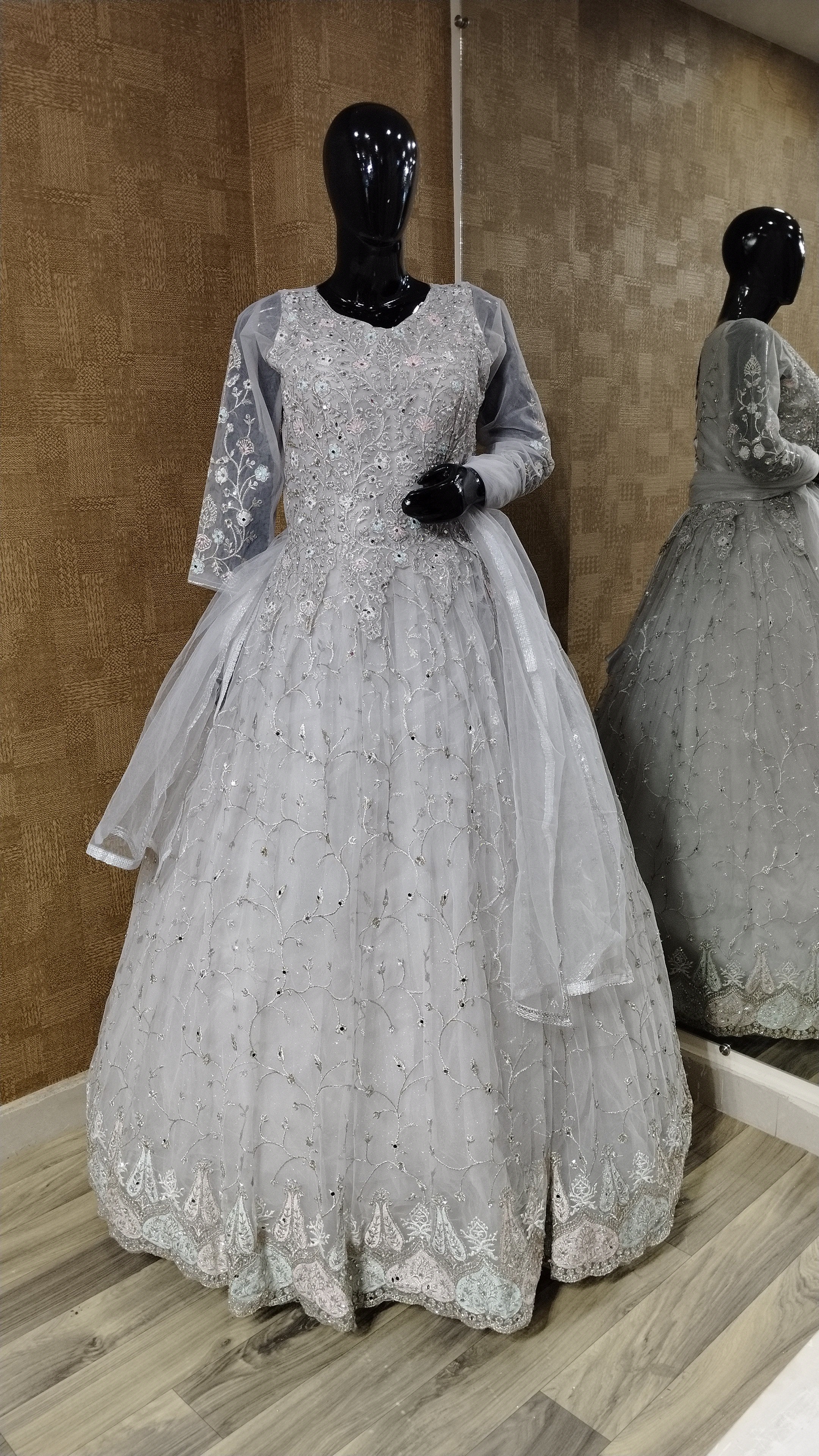 Shiny Grey Embroidered Gown
