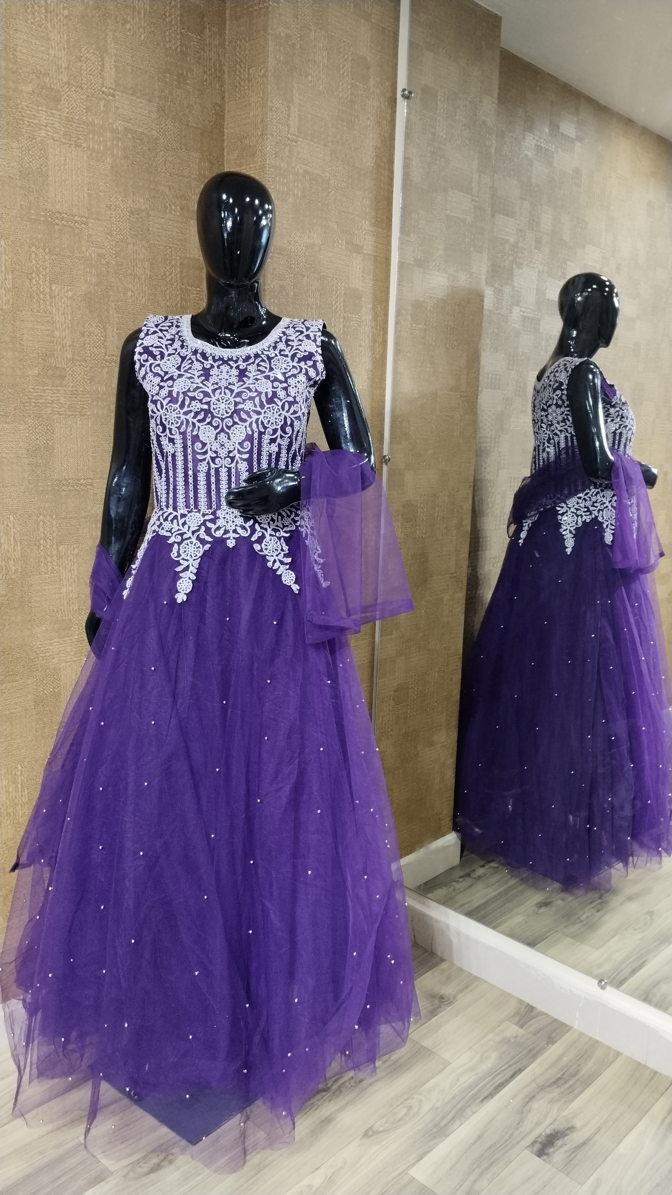 BlueViolet Net Gown with Floral Hand Work