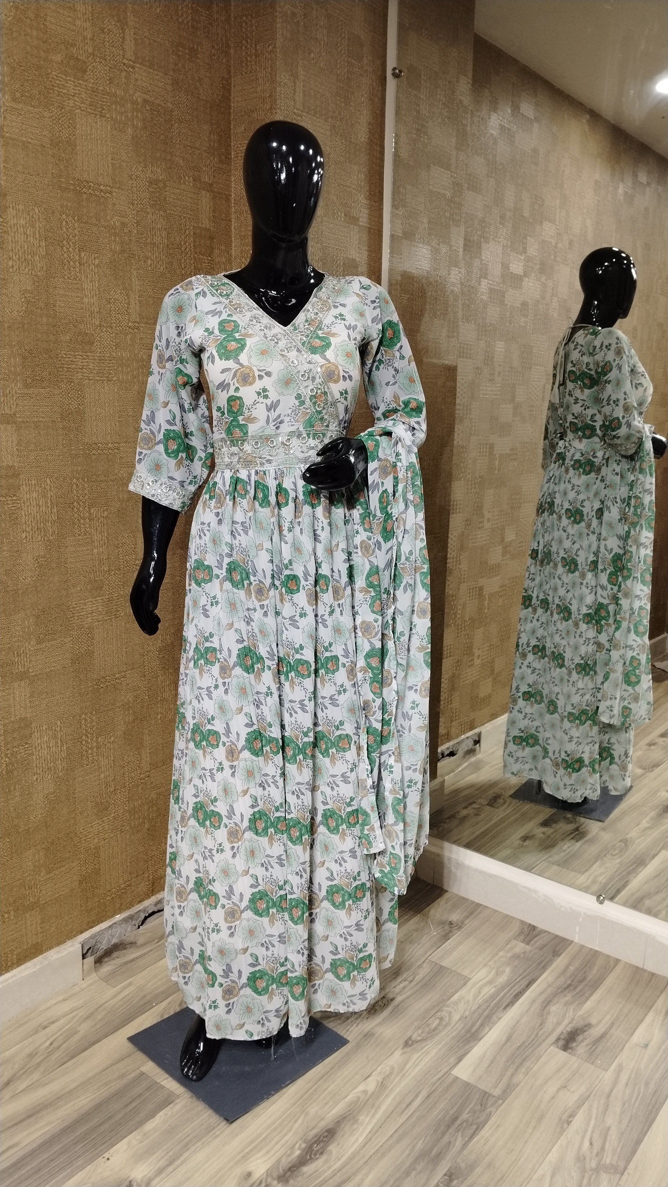 White, Green, Ivory Floral Silk Gown