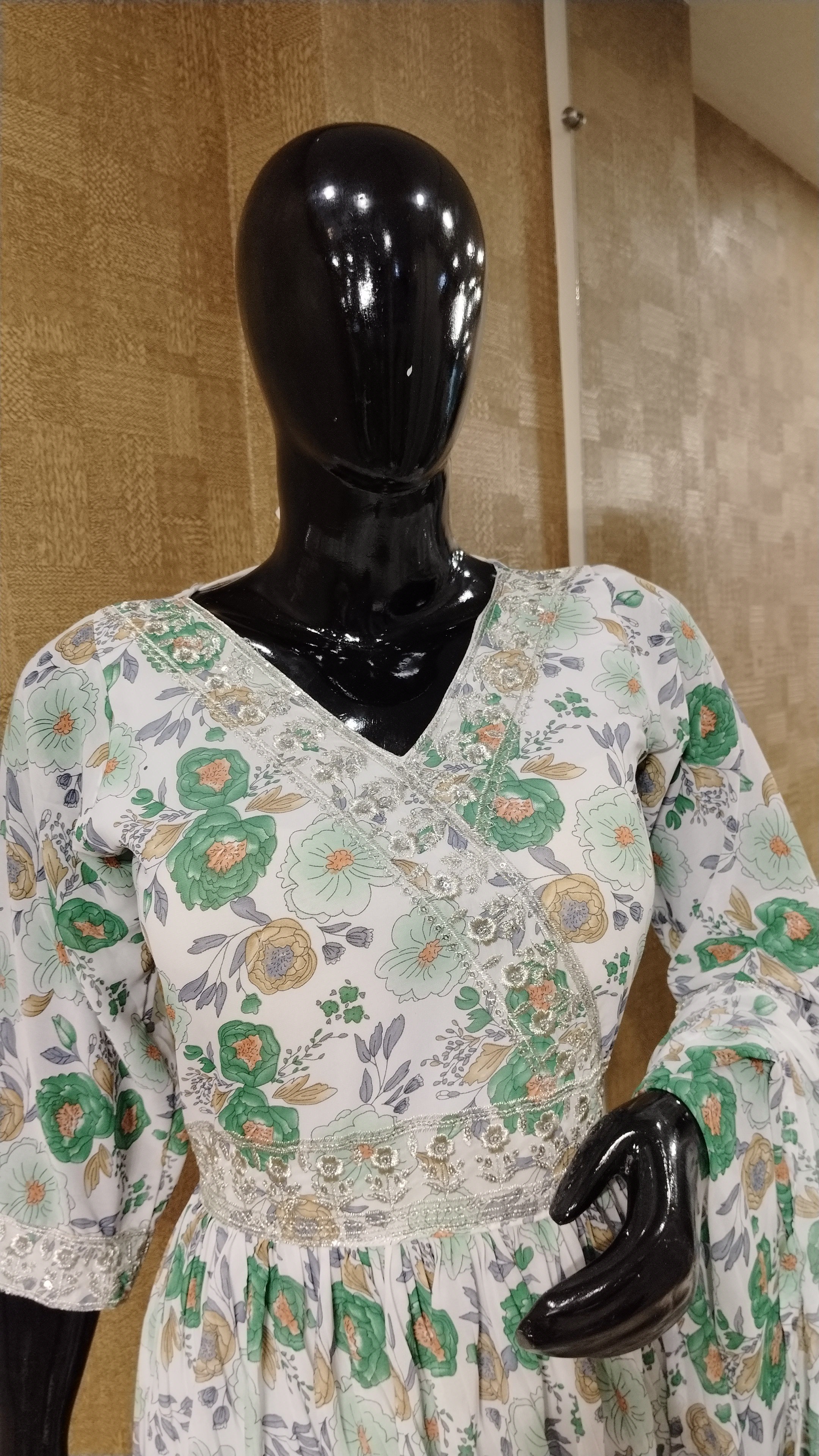 White, Green, Ivory Floral Silk Gown