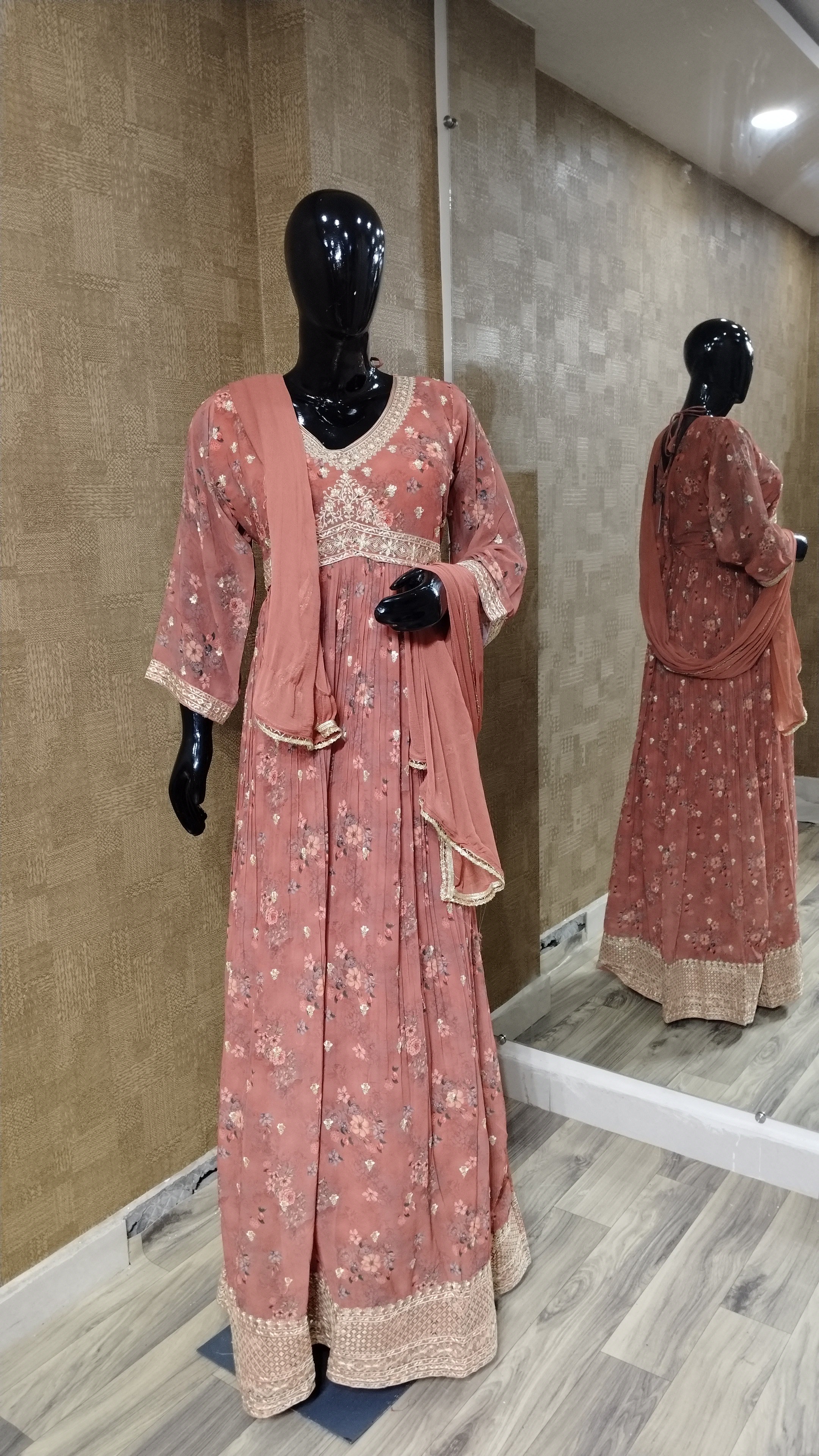 Light Salmon Gown with Butas and Zari Border