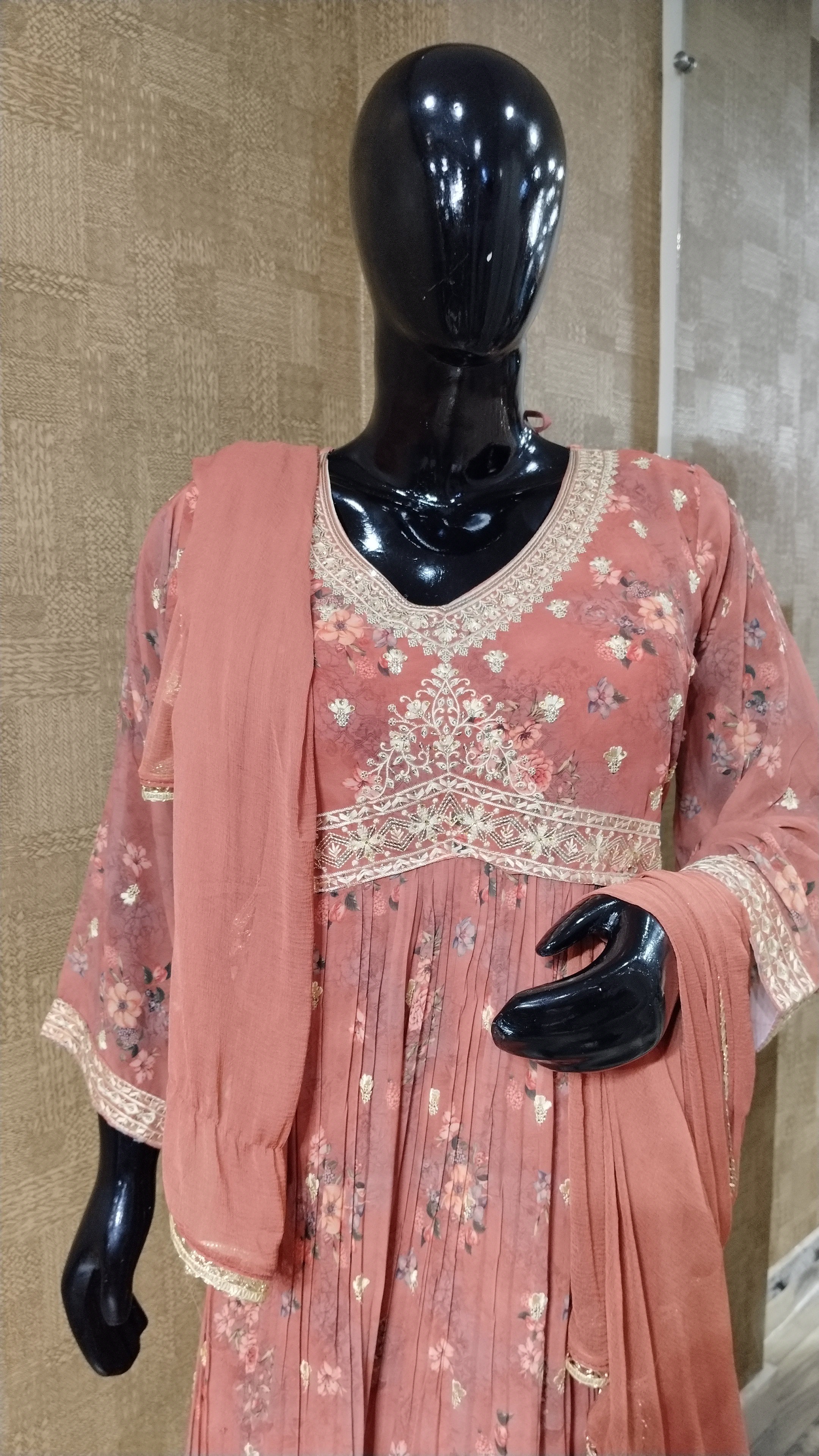 Light Salmon Gown with Butas and Zari Border
